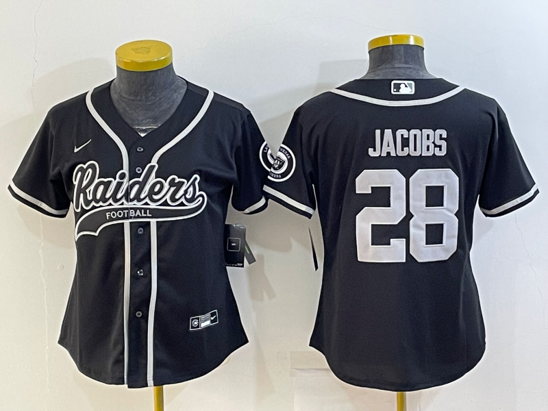 Youth Las Vegas Raiders #28 Josh Jacobs Black With Patch Cool Base Stitched Baseball Jersey